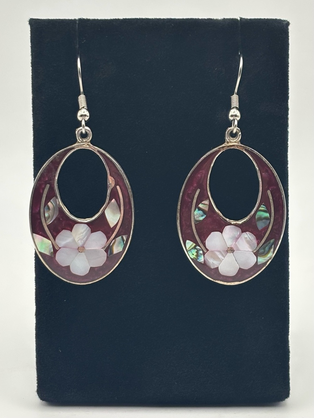 Vintage Mexican Alpaca Abalone & Mother Of Pearl Floral Inlay Drop Earrings